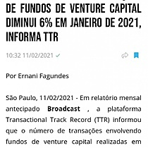 Nmero de transaes de fundos de venture capital diminui 6% em janeiro de 2021, informa TTR